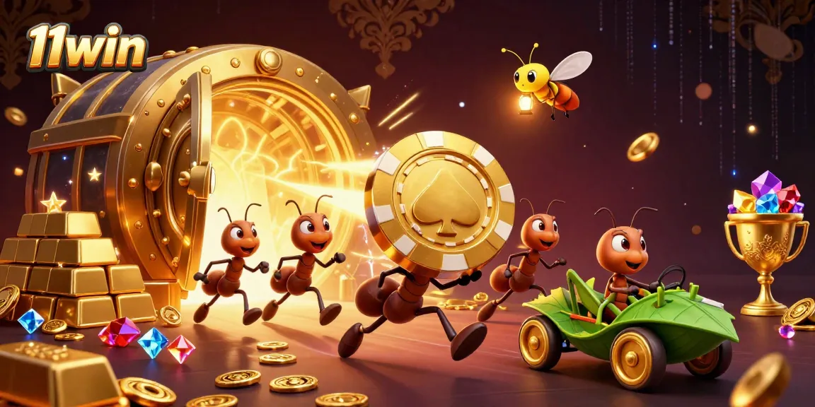 Join the heist at 11win with cartoon ants carrying a giant poker chip amidst treasure.