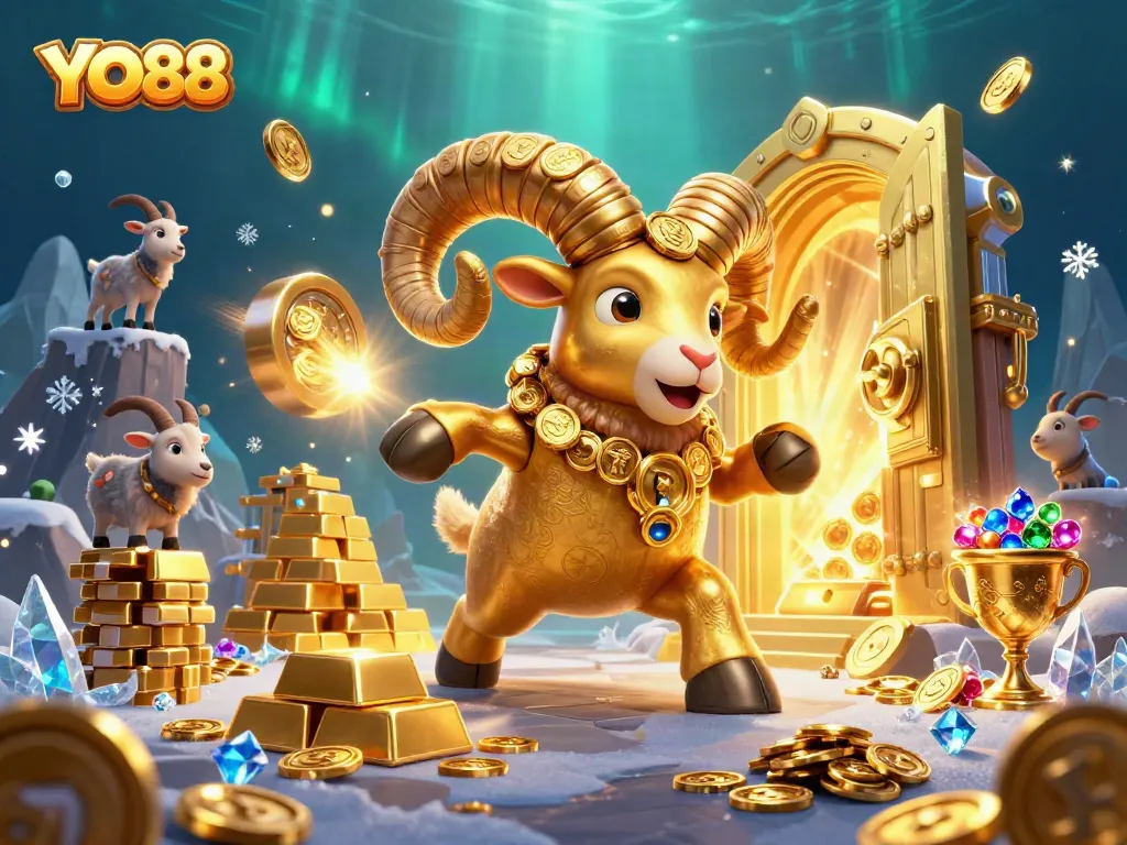Experience YO88 with a golden ram charging through a dazzling casino treasure vault.