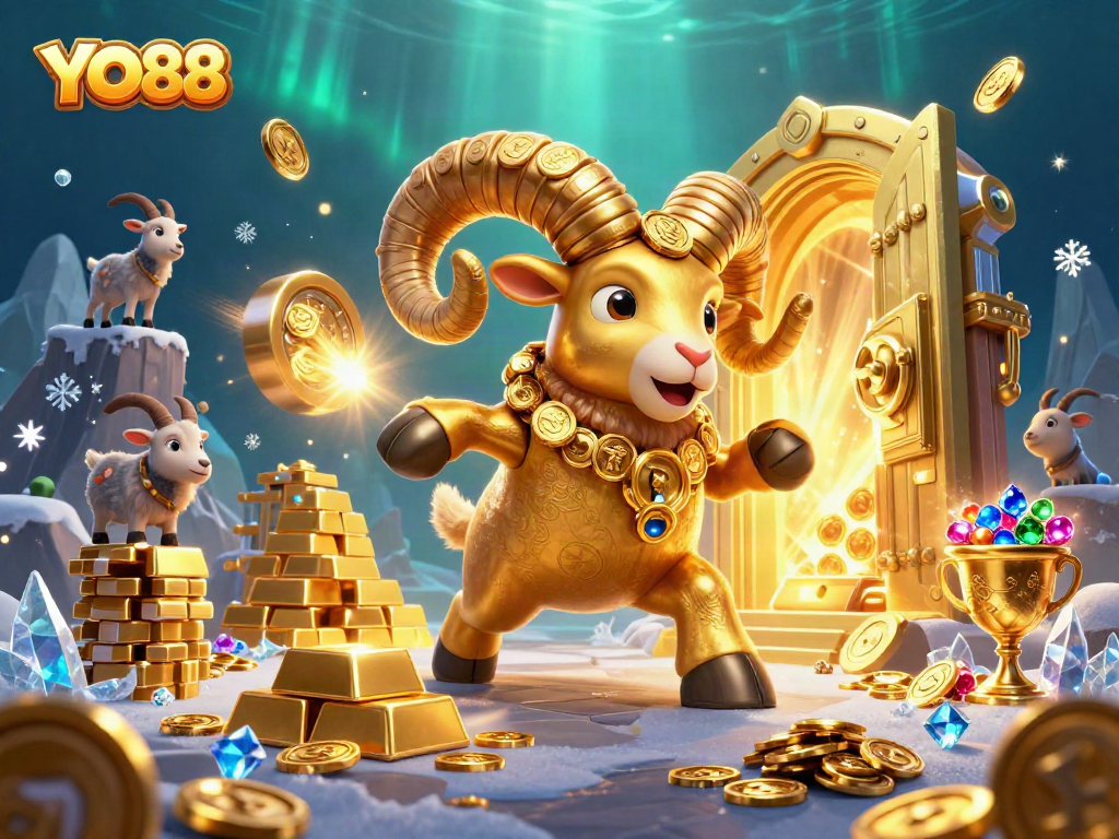 Experience YO88 with a golden ram charging through a dazzling casino treasure vault.