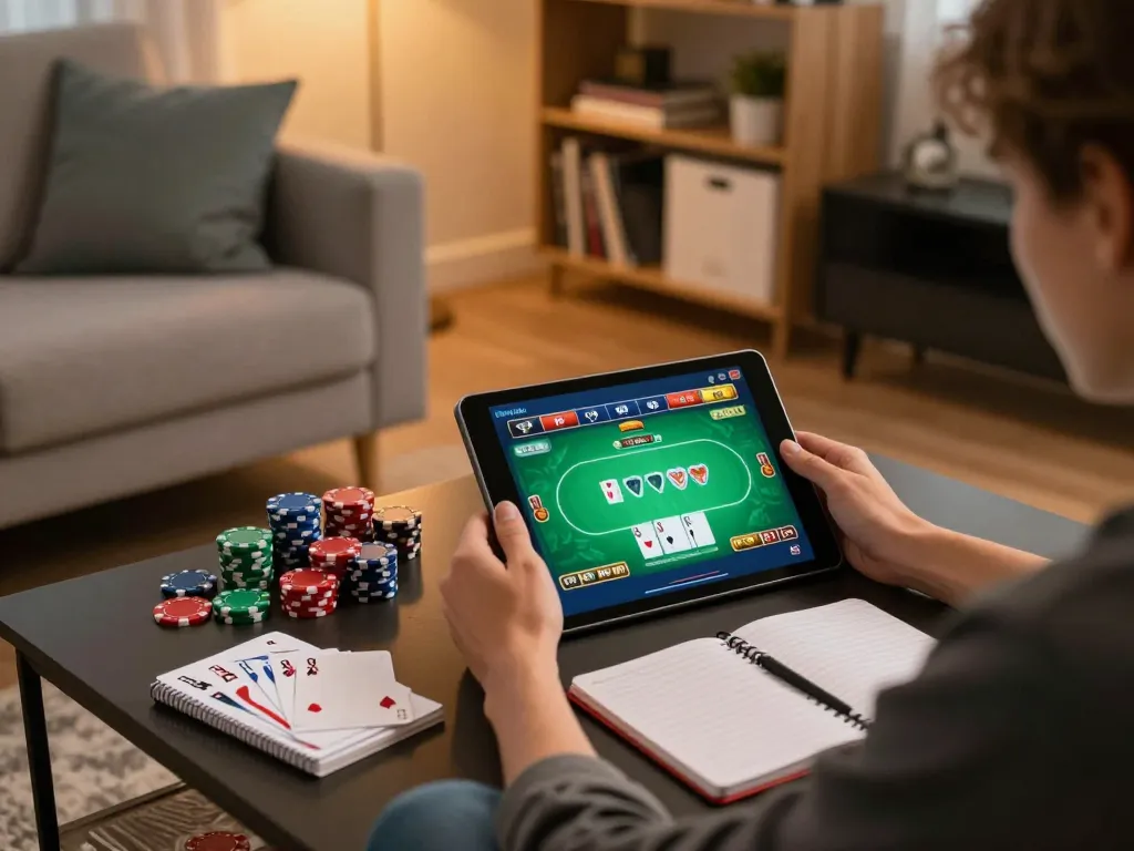 Engaging in a keonhacai online poker game in a cozy home setting, focusing on strategic gameplay and responsible betting.