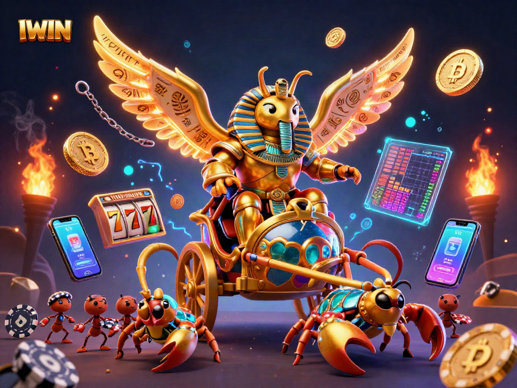 Invigorate your gaming experience with IWIN's stunning 3D illustration of a colossal golden scarab amidst vibrant casino elements.
