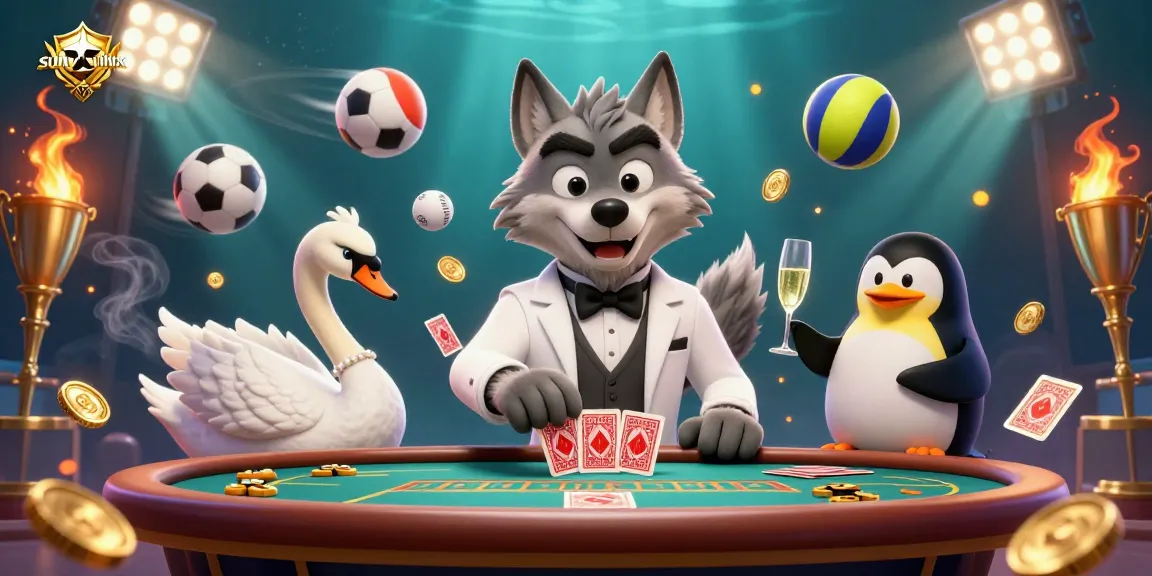 Engage with sunwinx at the baccarat table as a debonair wolf meets an elegant swan and sophisticated penguin.