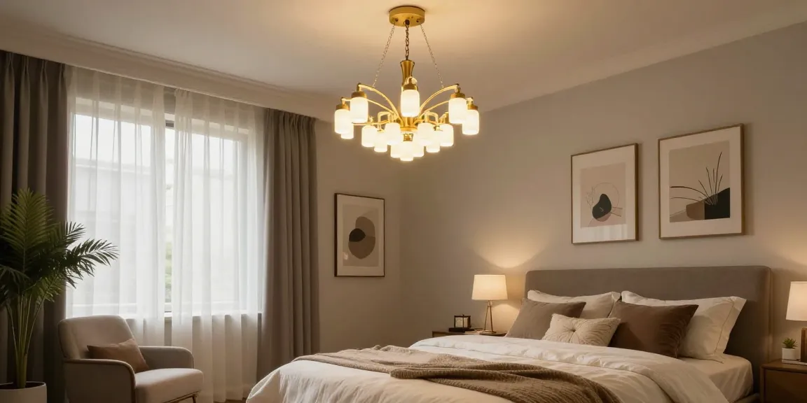 Candelabru dormitor elegant iluminând un pat modern, cu atmosferă confortabilă.