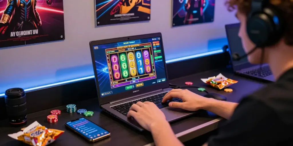 Seorang pemain sedang menikmati pengalaman bermain situs gacor dengan laptop dan camilan di meja gaming modern.