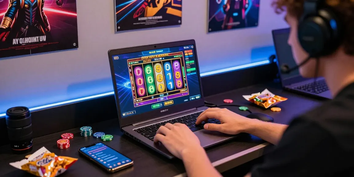 Seorang pemain sedang menikmati pengalaman bermain situs gacor dengan laptop dan camilan di meja gaming modern.