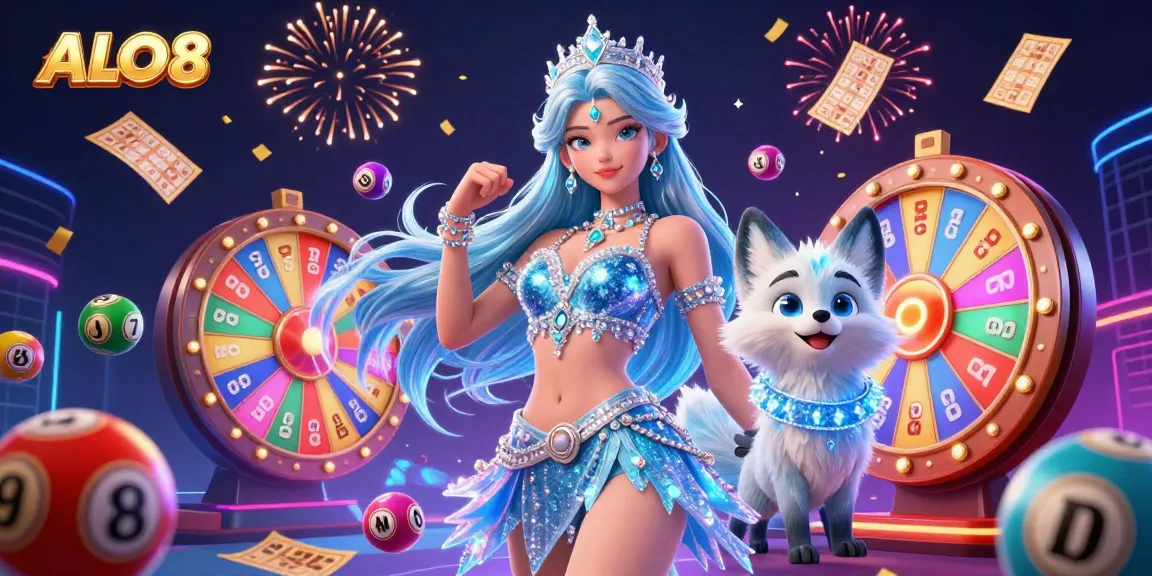 Play games and win at ALO8 in this vibrant casino illustration featuring lottery elements and dynamic energy.