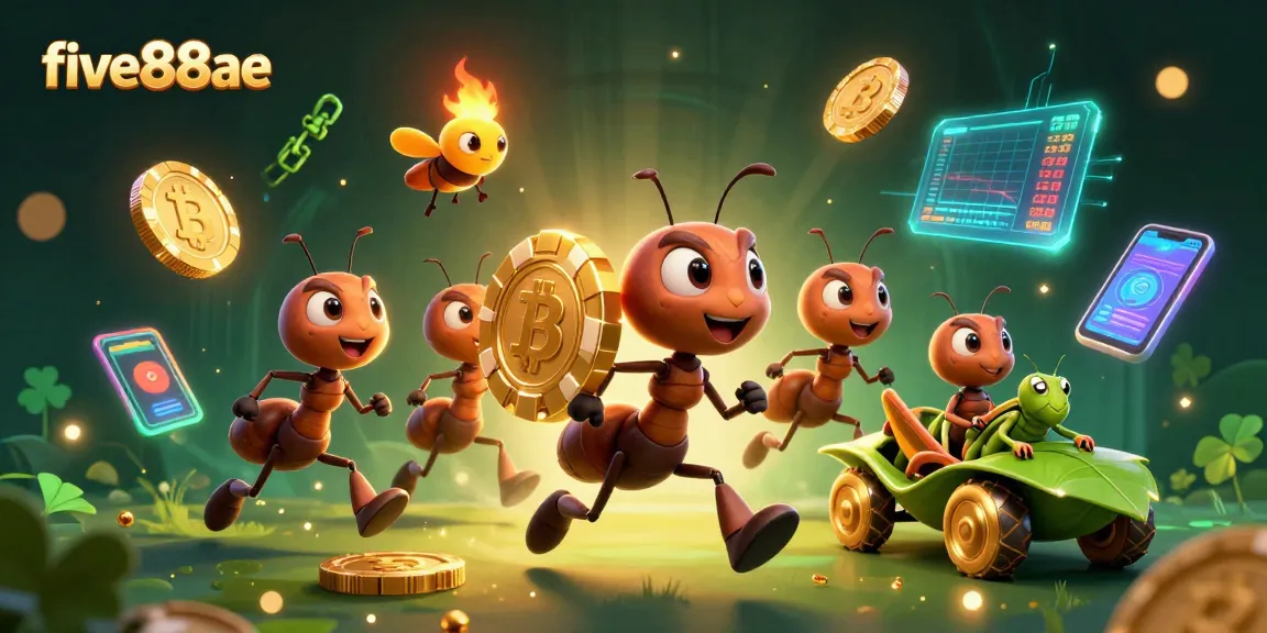 Experience thrilling wins with five88ae as ants carry a giant poker chip in a vibrant casino heist.