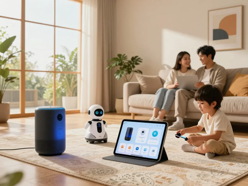 Family enjoying tech gadgets for home in a modern living room.