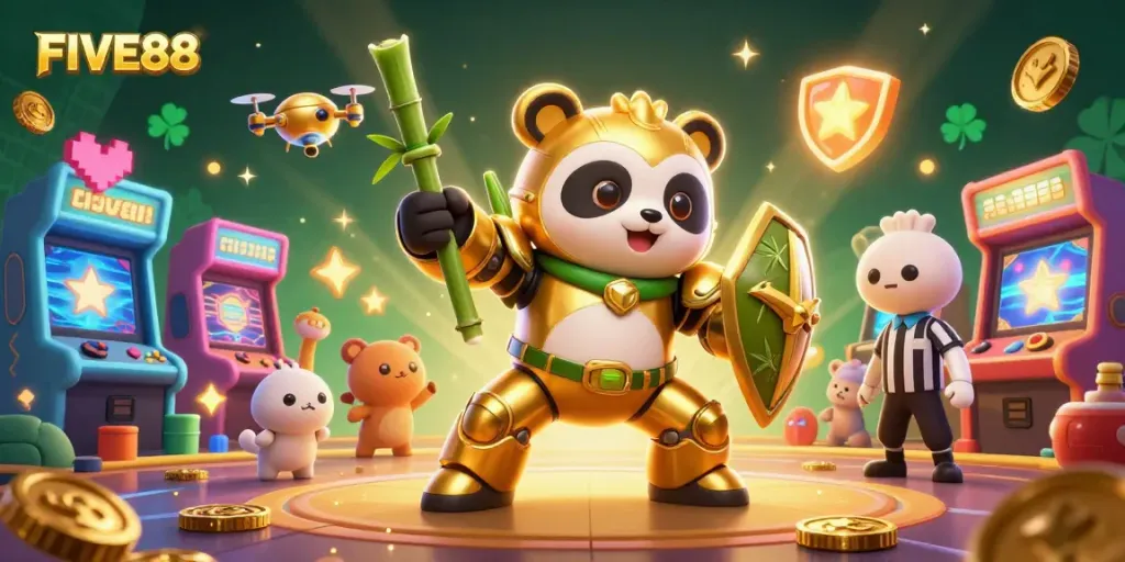 Engage with FIVE88 in an action-packed casino scene featuring vibrant characters and gaming elements.