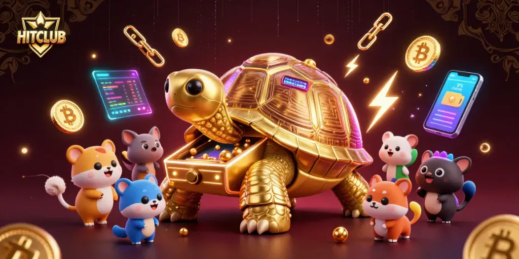 Engage with HITCLUB's vibrant casino world featuring a colossal tortoise pinball machine and crypto elements.