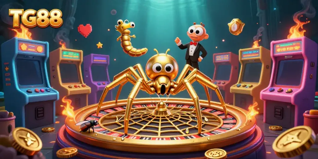 Place bets at TG88 under a golden roulette wheel web in a vibrant casino scene.