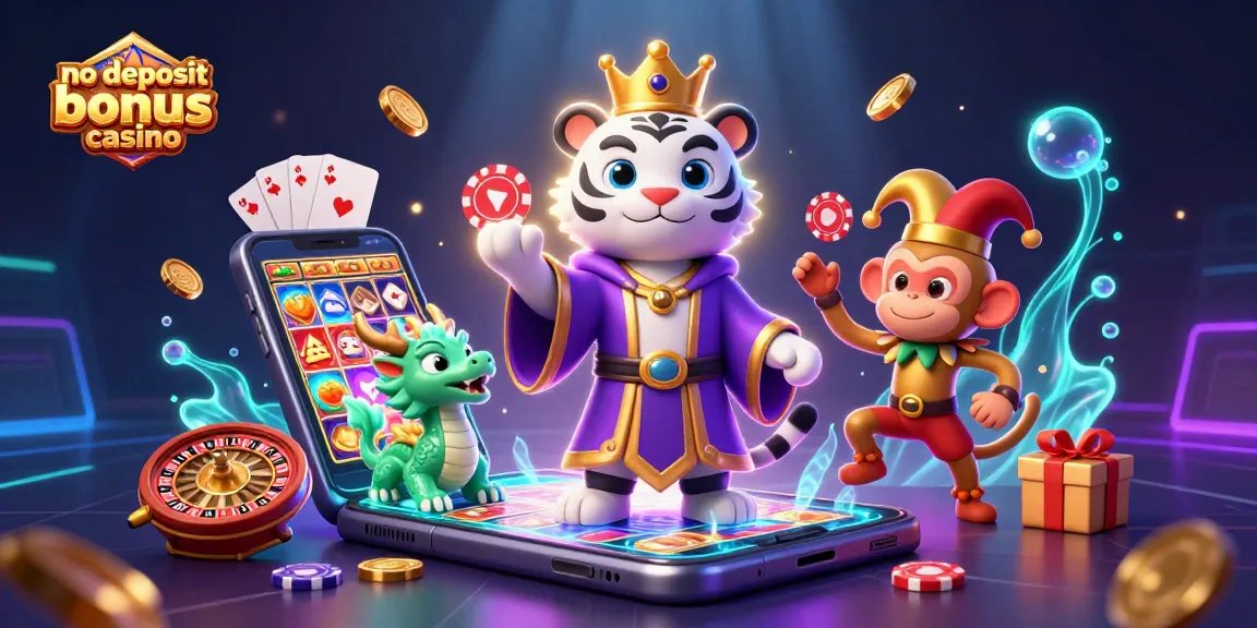 No deposit bonus casino featuring a royal tiger, playful monkey, and dynamic gaming elements in 3D.