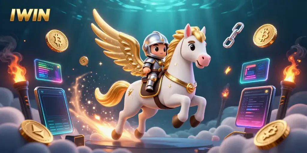 Experience the thrill of IWIN with celestial characters and dynamic crypto elements in a vivid casino scene.