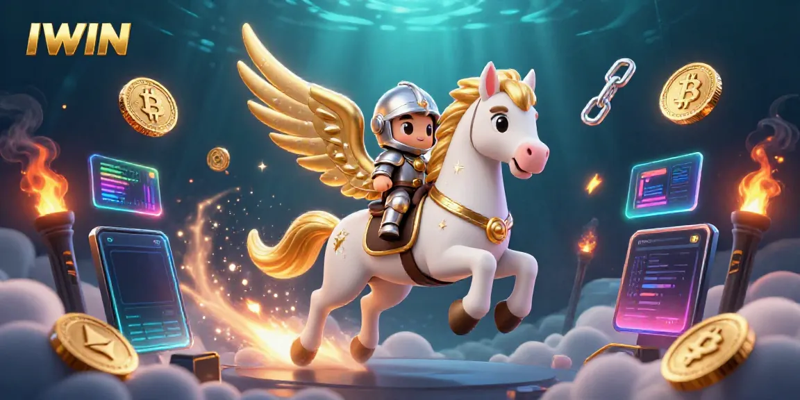 Experience the thrill of IWIN with celestial characters and dynamic crypto elements in a vivid casino scene.