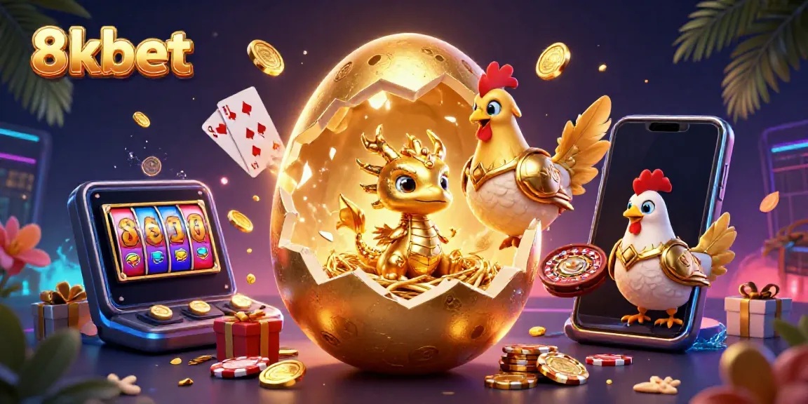Engage with the 8xbet experience featuring a golden egg, poker chips, and slot game elements