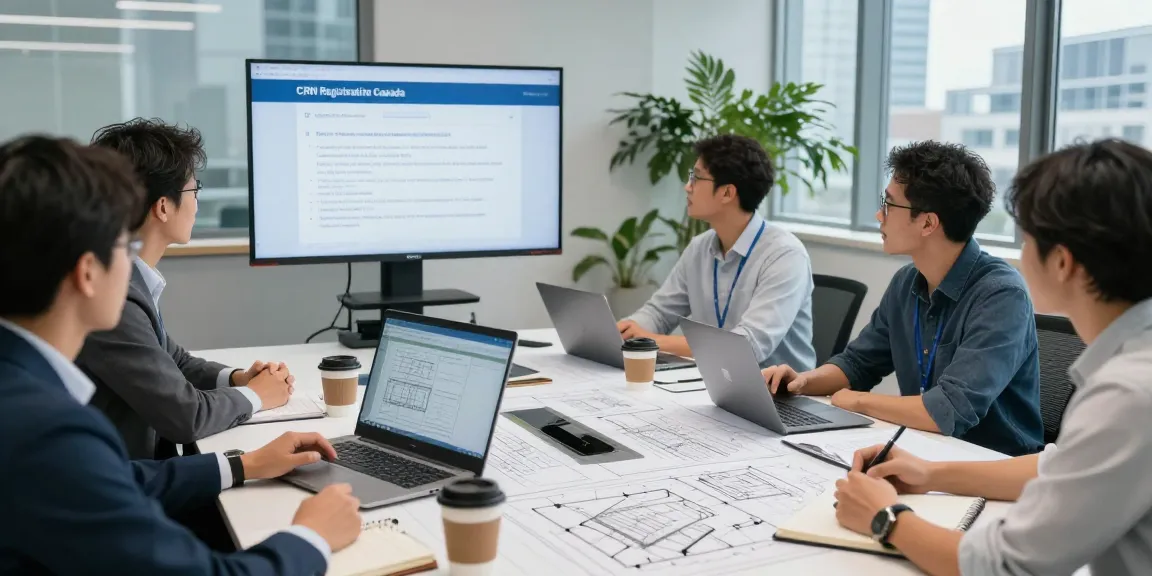 Engineers discussing CRN Registration Canada in a modern office environment with blueprints and digital devices.