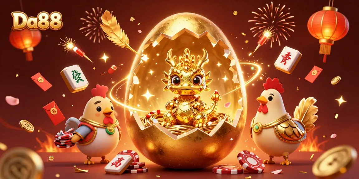 Experience Da88 with this vibrant 3D illustration capturing a golden dragon on poker chips surrounded by festive elements.