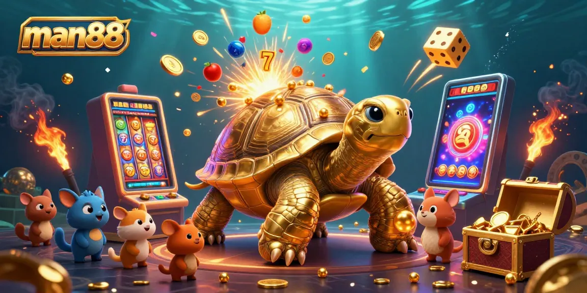 Play vibrant casino games at man88 featuring golden tortoise and slot machine with exciting jackpots.
