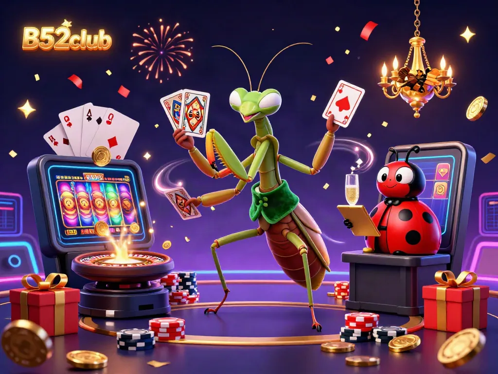B52club's thrilling gaming scene featuring a whimsical praying mantis dealer and a ladybug pit boss amidst vibrant casino elements.