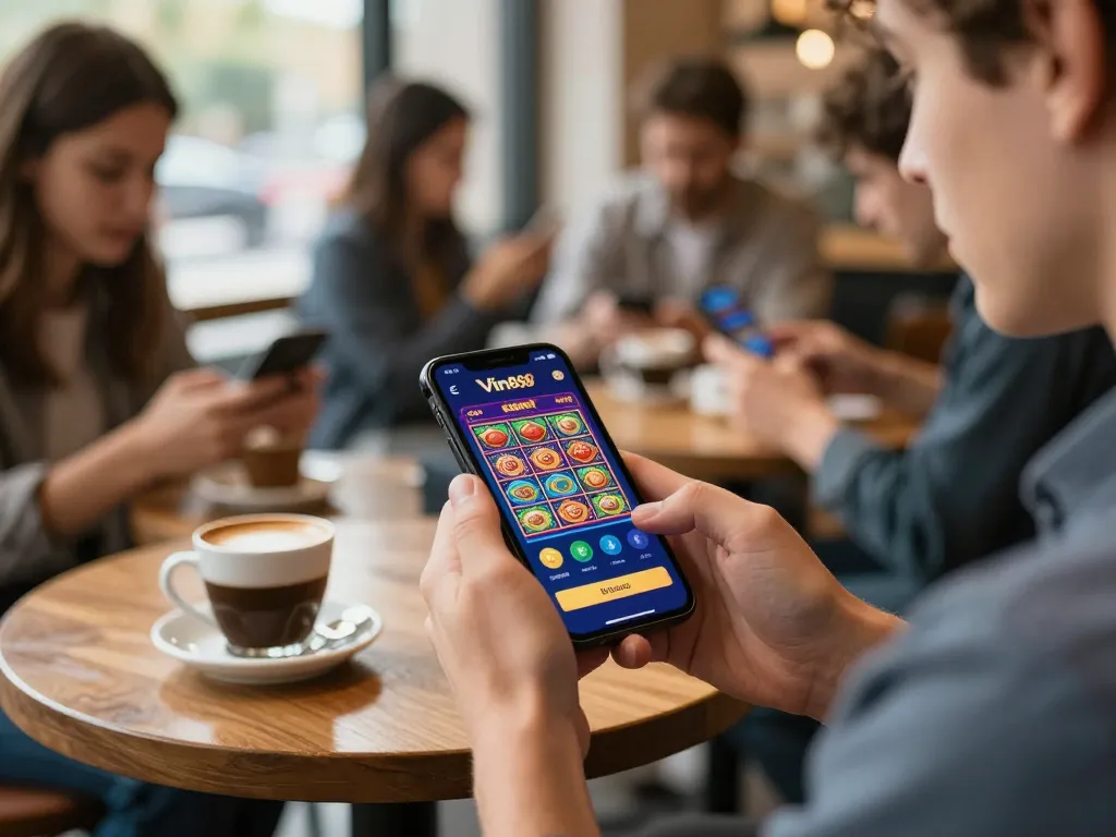 Engaging with the App Vin88 on a smartphone in a cozy café setting, reflecting mobile gambling excitement.