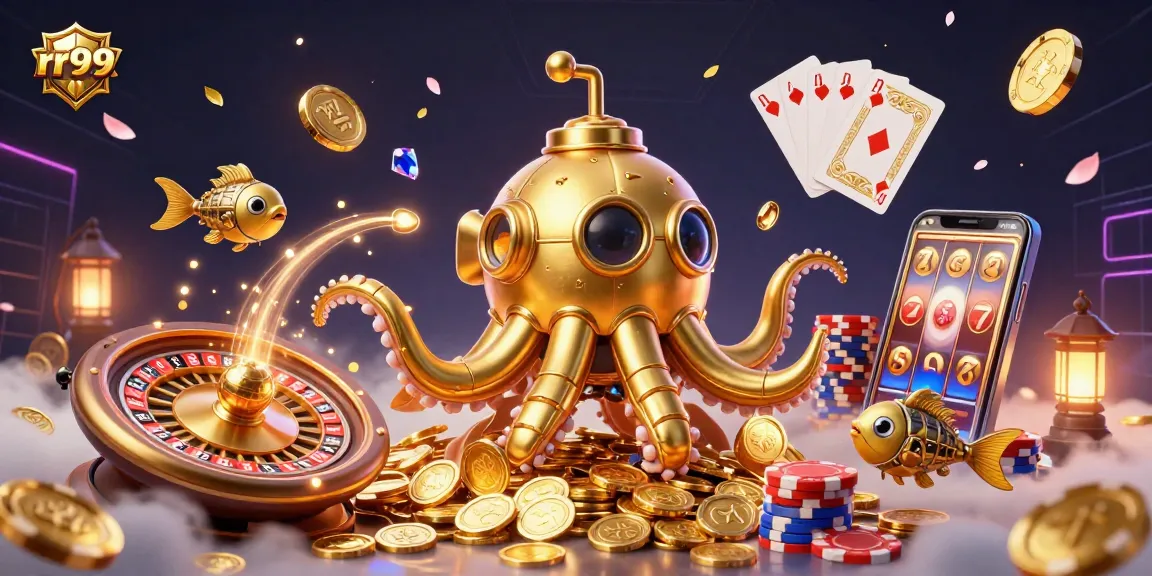 Engage with the exciting world of rr99 as golden kraken and mechanical fish swim through a treasure of coins and casino elements.