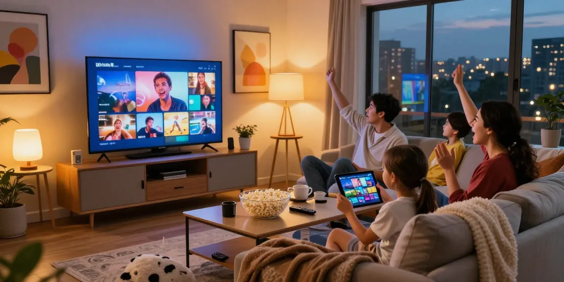 Family enjoying IPTV streaming in cozy living room with smart TV setup.