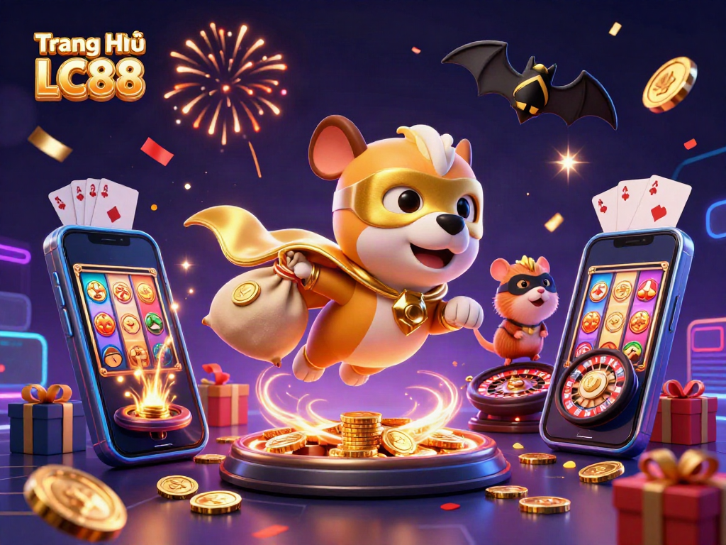 Engage with the exciting world of Trang Chủ LC88, featuring a superhero dog and hamster amidst vibrant casino elements.