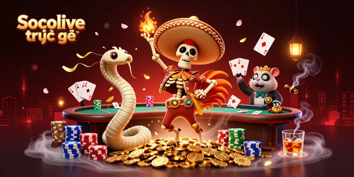 Experience Socolive trực tiếp with vibrant 3D characters celebrating amidst poker elements and vibrant casino decorations.