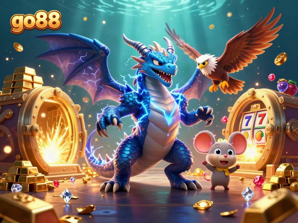 Spin the reels with go88 in this dynamic 3D casino scene featuring captivating characters and riches.