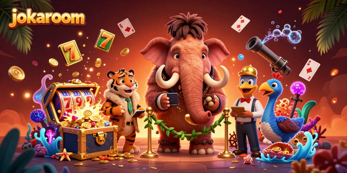 jokaroom showcases a vibrant 3D scene with a woolly mammoth bouncer at a casino entrance, surrounded by dynamic game elements and colorful treasures.