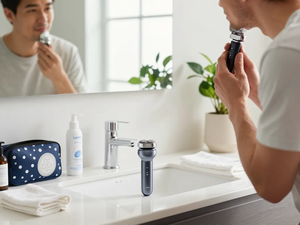 Laifen shaver in a modern bathroom as a man shaves, showcasing comfort and quality grooming.