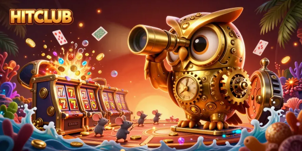 HitCLUB captures the excitement of spinning slot machines and treasure-filled scenes in a vibrant casino.