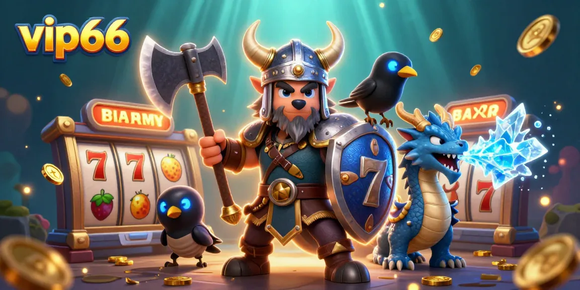 Engage in VIP66 online slots with a Viking warrior, dragon, and vibrant game elements.