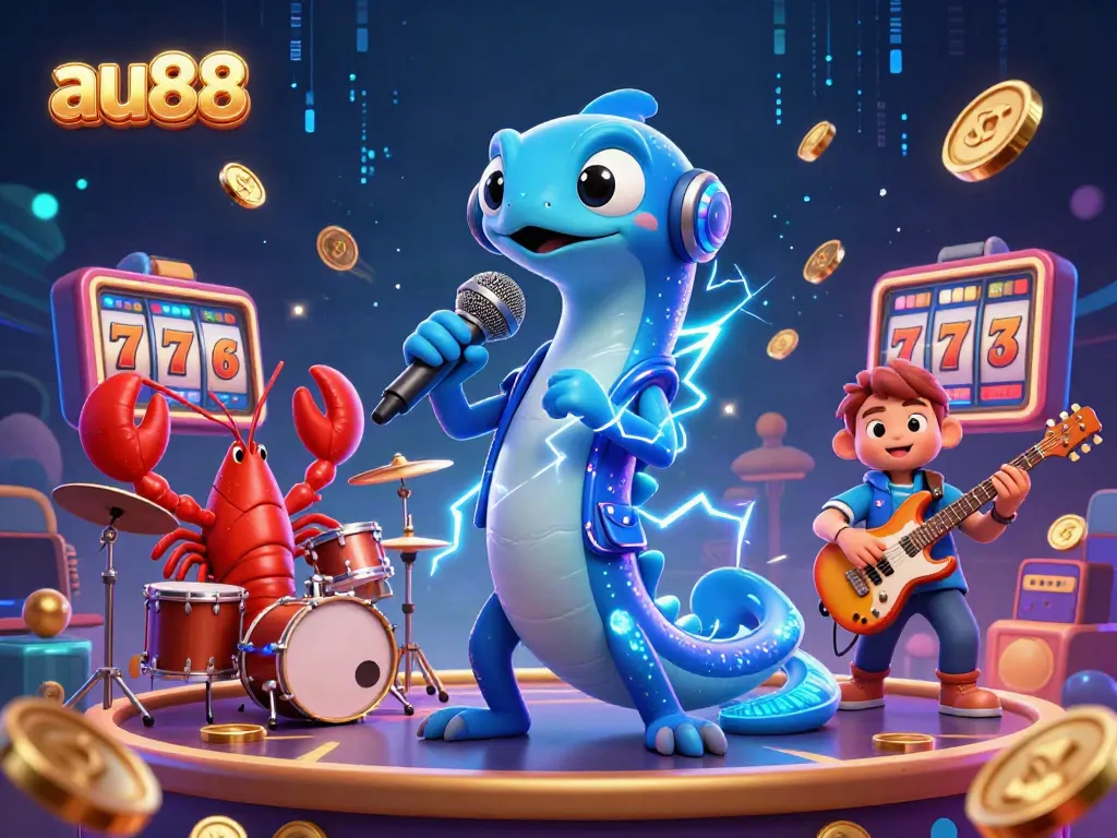 Experience the excitement of au88 with a vibrant underwater casino scene featuring electric eel DJs and dynamic slot elements.