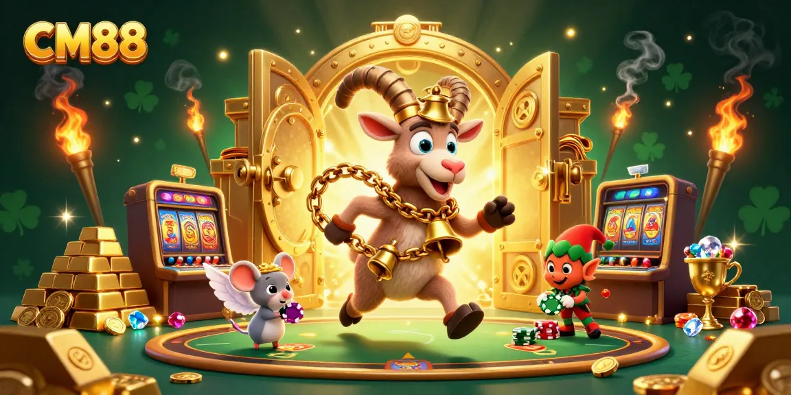 Experience CM88's vibrant casino with a whimsical Krampus and playful characters amid glowing treasures.