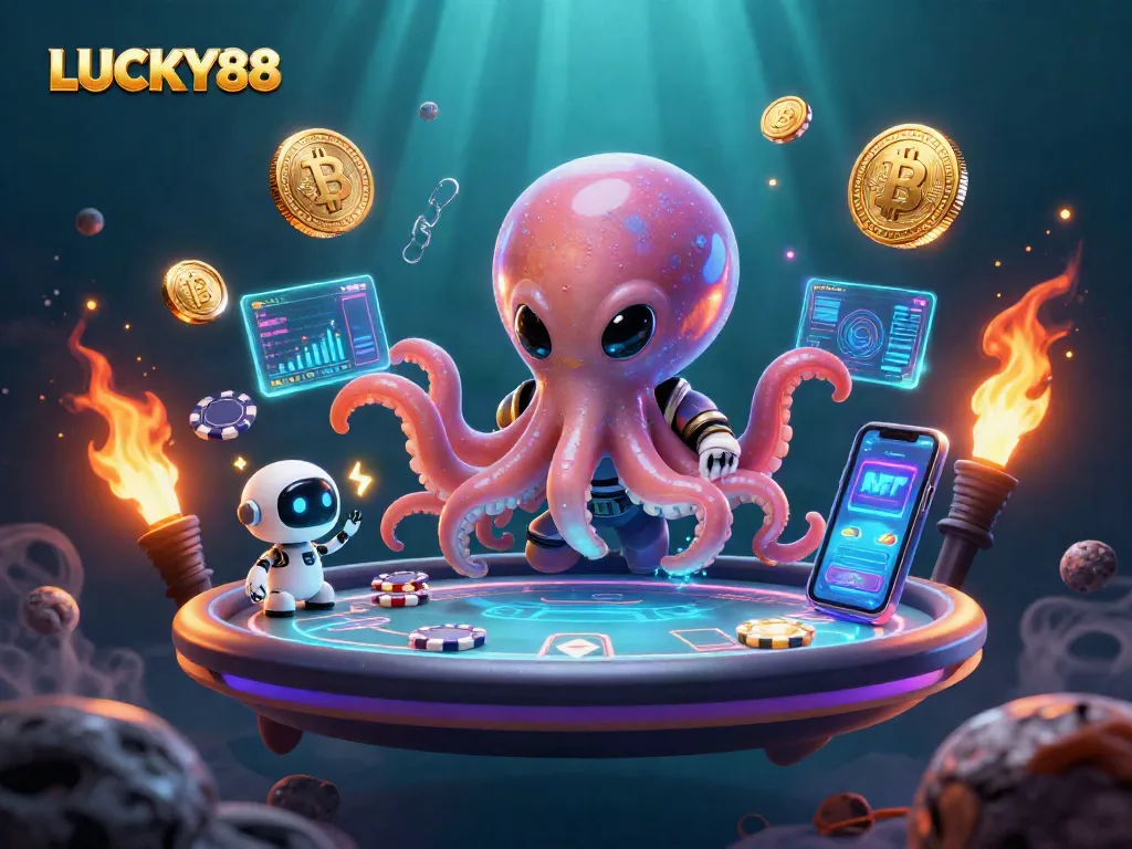 Experience the thrill of LUCKY88 with a vibrant 3D alien octopus at a holographic poker table.