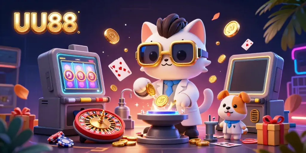 Experience thrilling slot games with UU88's vibrant casino scene featuring sparkling gold coins.