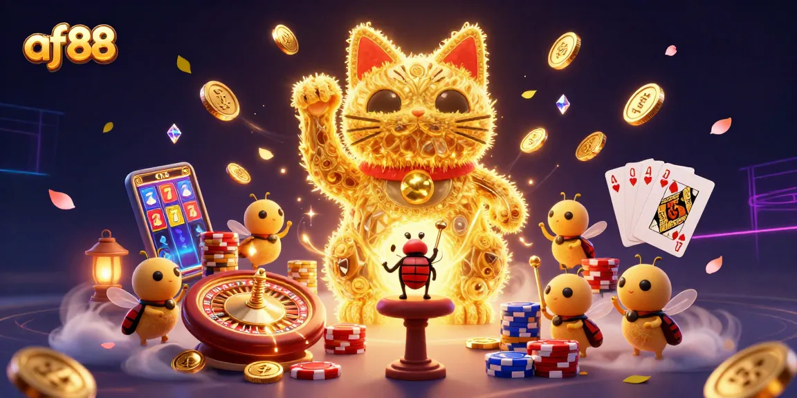 Join af88 in a dazzling 3D casino scene featuring a lucky cat and magical casino elements.