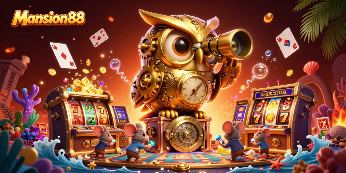 Mansion88 features a dynamic casino scene with an animated owl, slot machines, and vibrant gaming elements.