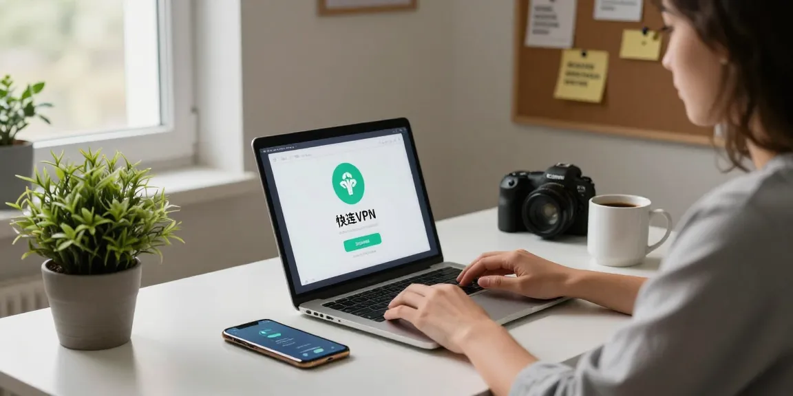 快连 VPN in use on a laptop in a cozy home office, enhancing productivity and connection.