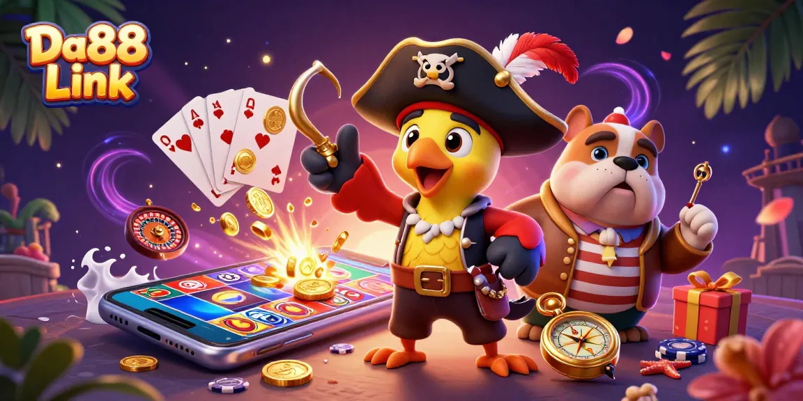 Spin to win with Da88 Link, featuring colorful slot games and animated characters. Experience casino action!