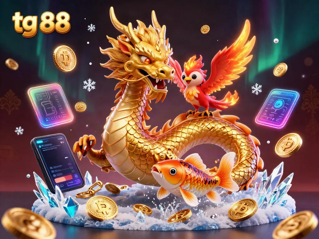 Experience the excitement of tg 88 with a vibrant 3D illustration of a golden dragon, phoenix, and koi fish amidst coins.