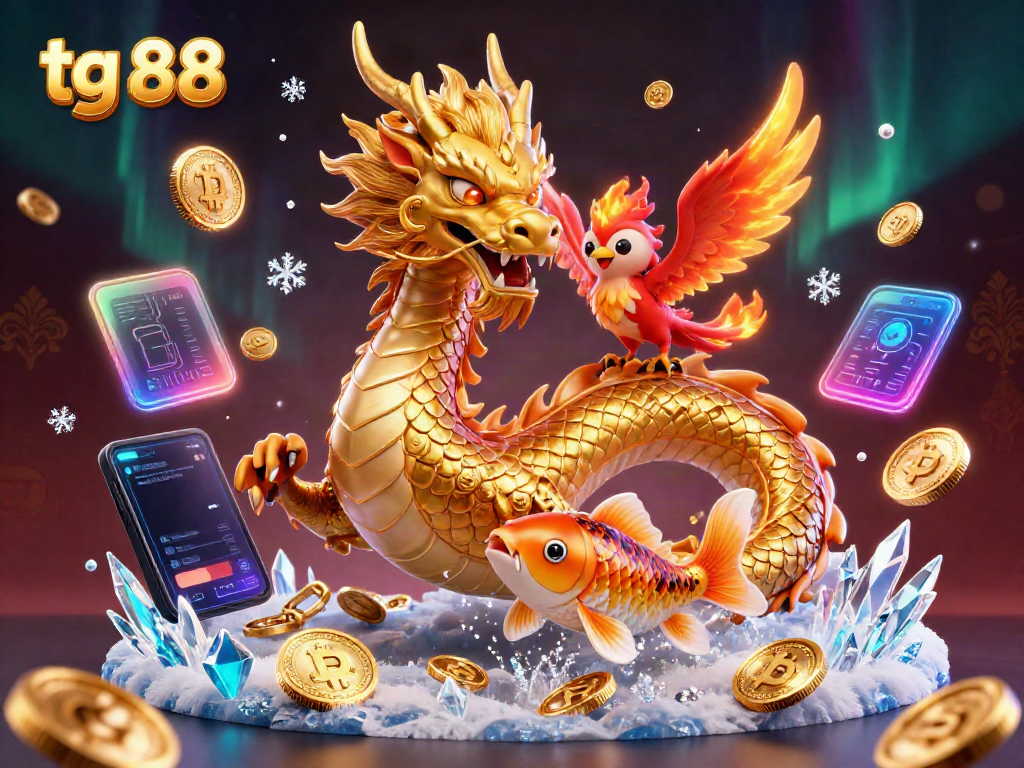 Experience the excitement of tg 88 with a vibrant 3D illustration of a golden dragon, phoenix, and koi fish amidst coins.