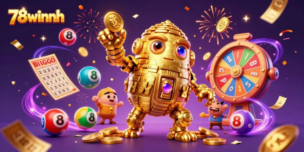 Engage with the dynamic 78winnh casino scene featuring a golden golem and bursting lottery themes.