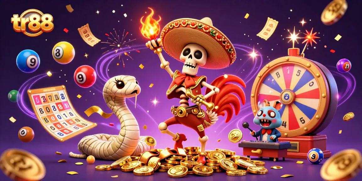Experience the excitement of tr88 with vibrant lottery balls, golden coins, and energetic characters in a dynamic casino-themed scene.