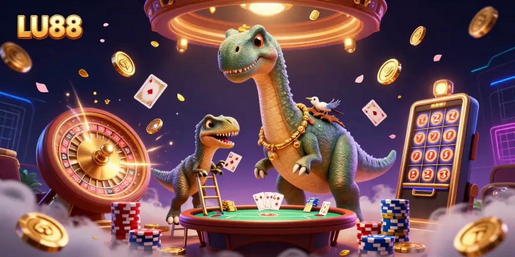Experience exciting card dealing at LU88, with a giant dinosaur over a vibrant casino scene.