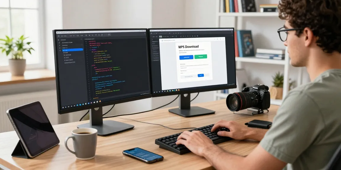 WPS Download setup at a developer's desk with dual monitors and tech gadgets.