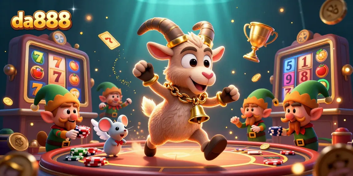 Play engaging slots with da888 while festive characters create a thrilling casino atmosphere.