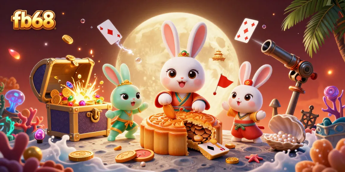 Experience the vibrant world of fb68 as the moon rabbit reveals poker chips while surrounded by dynamic gaming elements.