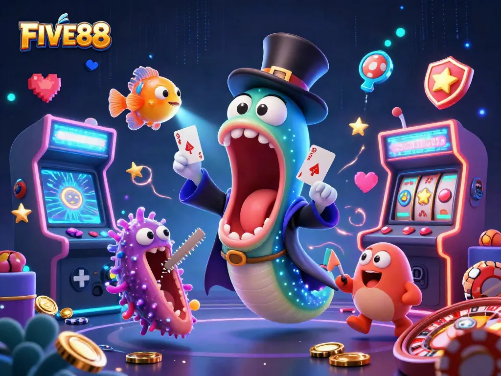 Engage in FUN and THRILLING gaming with FIVE88 as colorful characters perform magic tricks.